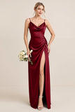 Olive Sheath Spaghetti Straps Satin Ruched Cowl Neck Long Bridesmaid Dress with Slit