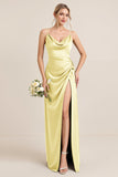 Olive Sheath Spaghetti Straps Satin Ruched Cowl Neck Long Bridesmaid Dress with Slit