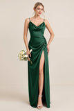 Olive Sheath Spaghetti Straps Satin Ruched Cowl Neck Long Bridesmaid Dress with Slit
