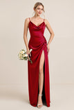 Olive Sheath Spaghetti Straps Satin Ruched Cowl Neck Long Bridesmaid Dress with Slit