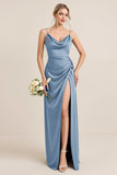 Olive Sheath Spaghetti Straps Satin Ruched Cowl Neck Long Bridesmaid Dress with Slit