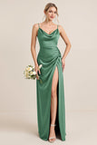 Olive Sheath Spaghetti Straps Satin Ruched Cowl Neck Long Bridesmaid Dress with Slit