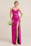 Olive Sheath Spaghetti Straps Satin Ruched Cowl Neck Long Bridesmaid Dress with Slit