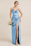 Olive Sheath Spaghetti Straps Satin Ruched Cowl Neck Long Bridesmaid Dress with Slit