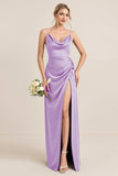 Olive Sheath Spaghetti Straps Satin Ruched Cowl Neck Long Bridesmaid Dress with Slit
