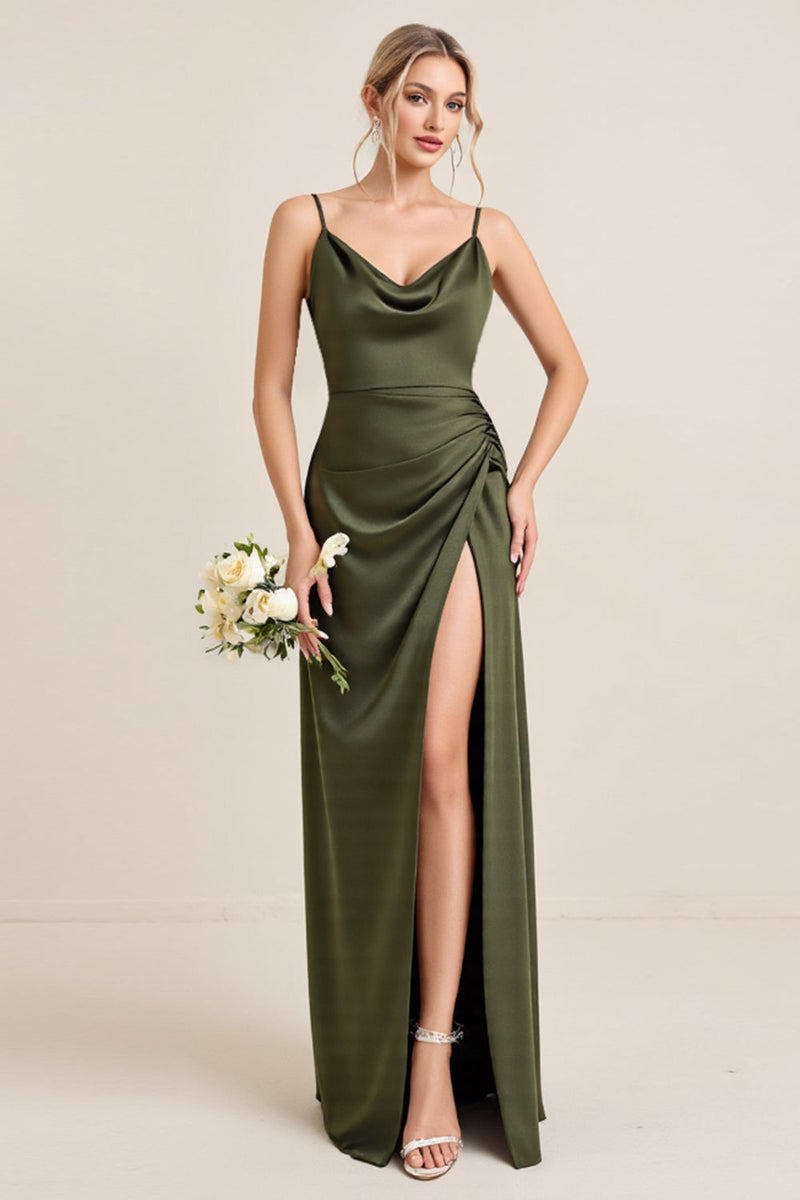 Load image into Gallery viewer, Olive Sheath Spaghetti Straps Satin Ruched Cowl Neck Long Bridesmaid Dress with Slit