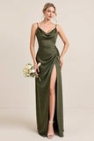 Olive Sheath Spaghetti Straps Satin Ruched Cowl Neck Long Bridesmaid Dress with Slit