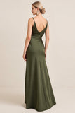 Olive Sheath Spaghetti Straps Satin Ruched Cowl Neck Long Bridesmaid Dress with Slit