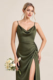 Olive Sheath Spaghetti Straps Satin Ruched Cowl Neck Long Bridesmaid Dress with Slit