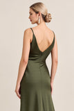 Olive Sheath Spaghetti Straps Satin Ruched Cowl Neck Long Bridesmaid Dress with Slit