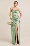 Olive Sheath Spaghetti Straps Satin Ruched Cowl Neck Long Bridesmaid Dress with Slit