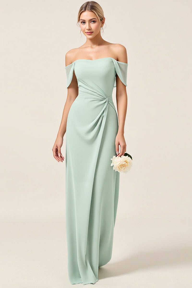 Load image into Gallery viewer, Mint Sheath Off the Shoulder Ruched Satin Long Bridesmaid Dress