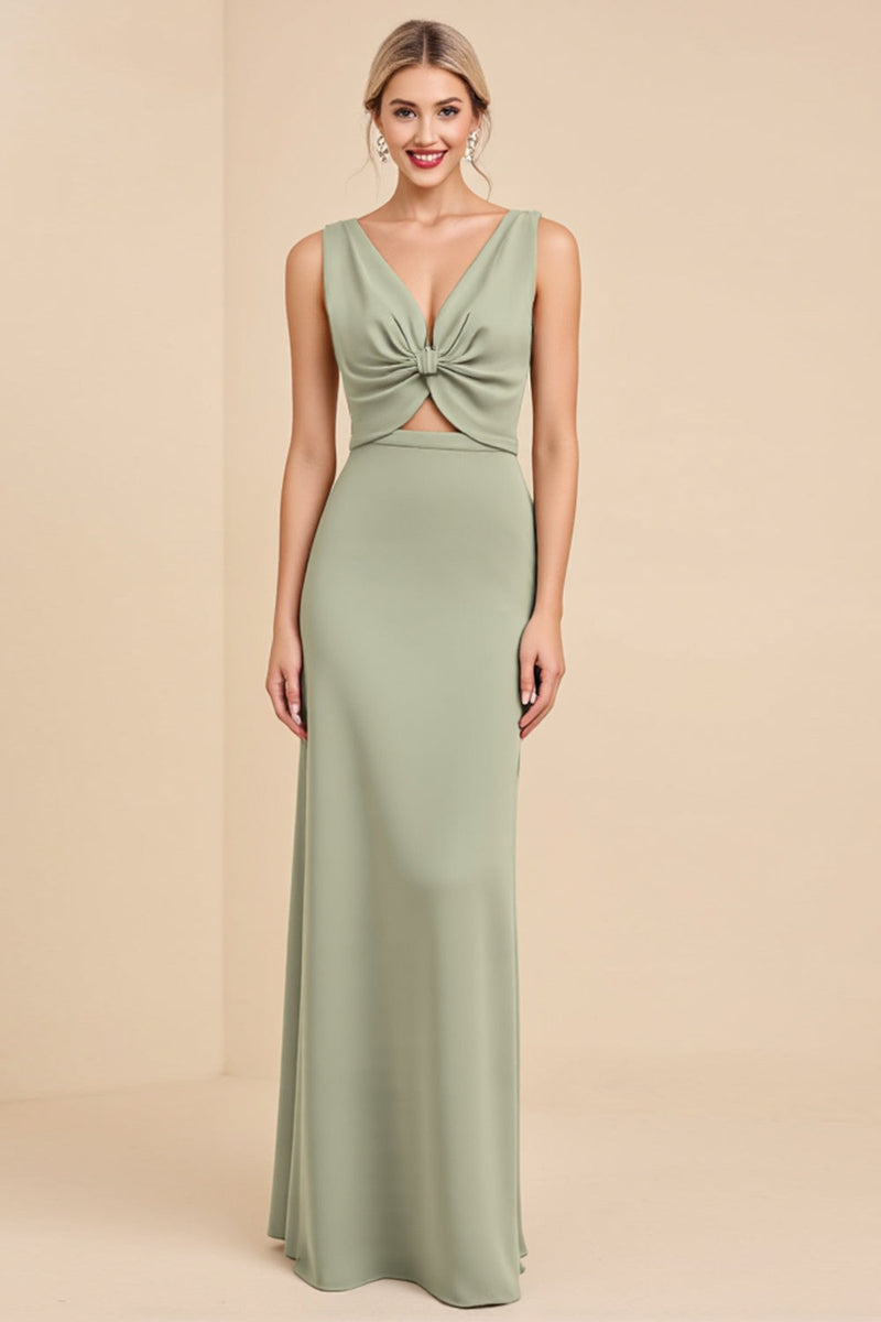 Load image into Gallery viewer, Sage Sheath V Neck Sleeveless Ruched Satin Long Bridesmaid Dress with Hollow Out