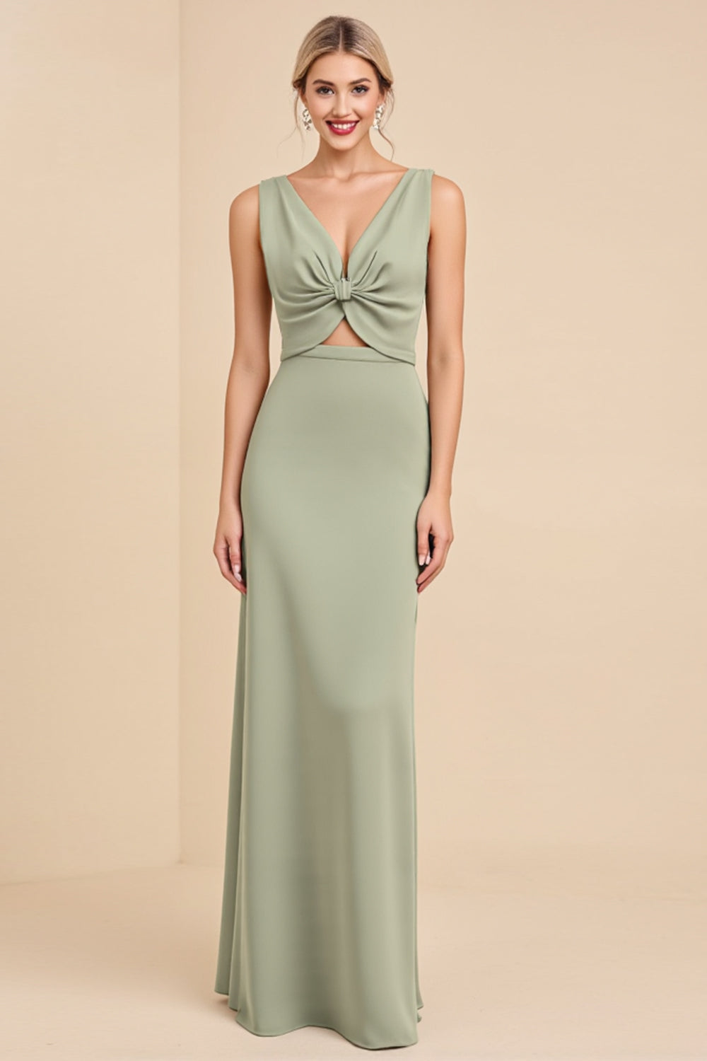 Sage Sheath V Neck Sleeveless Ruched Satin Long Bridesmaid Dress with Hollow Out