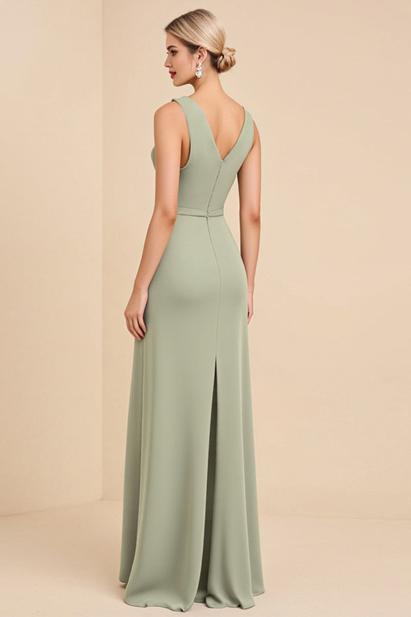 Load image into Gallery viewer, Sage Sheath V Neck Sleeveless Ruched Satin Long Bridesmaid Dress with Hollow Out