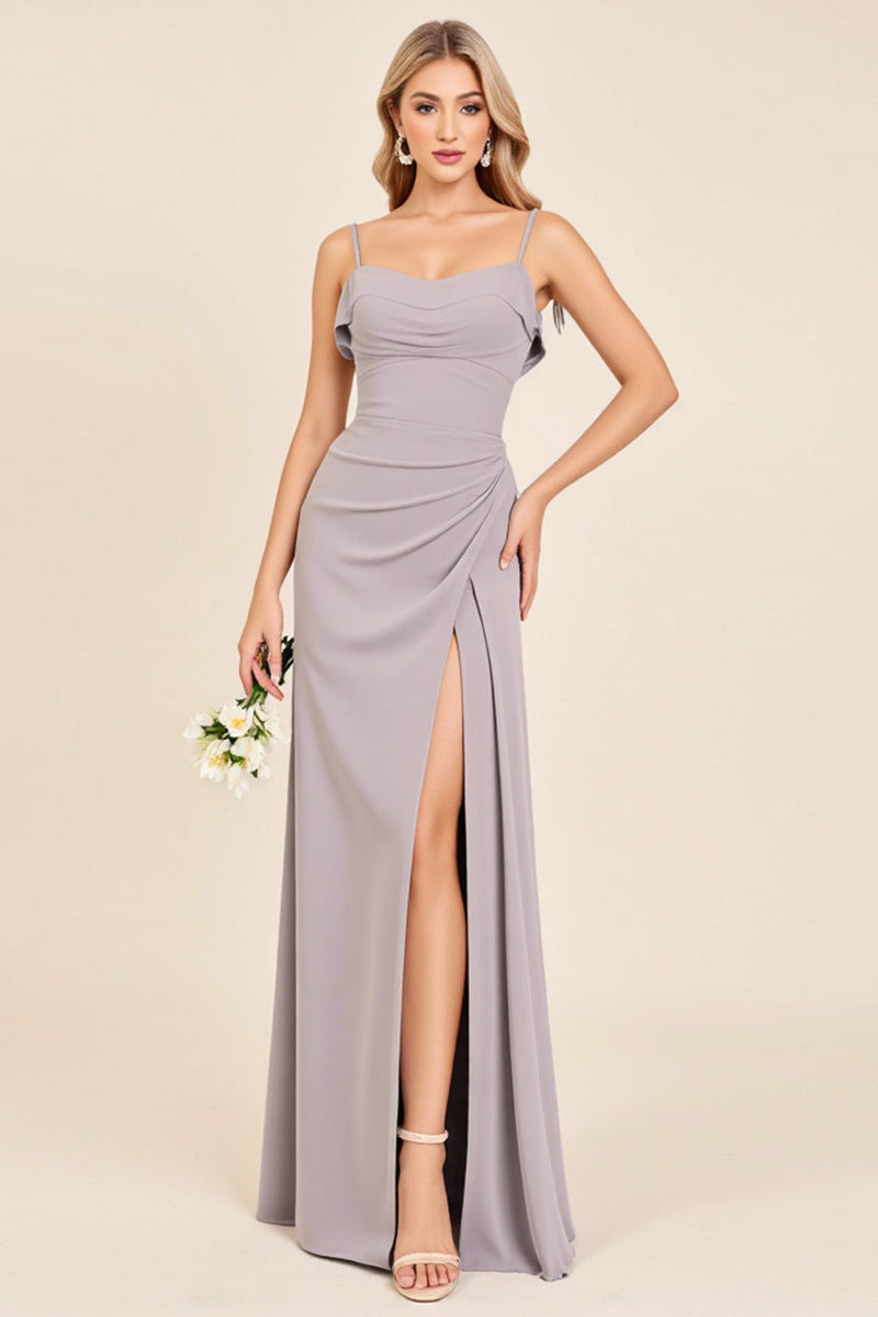 Load image into Gallery viewer, Silver Sheath Spaghetti Straps Ruched Satin Long Bridesmaid Dress with Slit