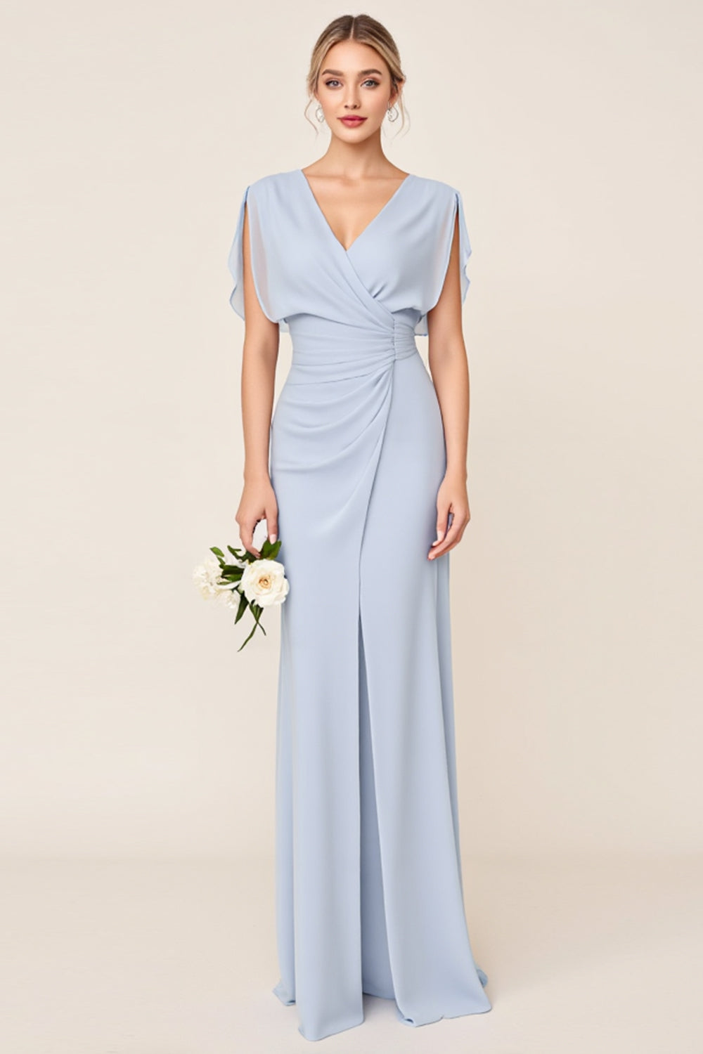 Light Blue Sheath Wrap V Neck Chiffon Long Bridesmaid Dress