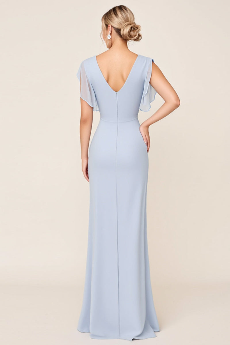 Load image into Gallery viewer, Light Blue Sheath Wrap V Neck Chiffon Long Bridesmaid Dress