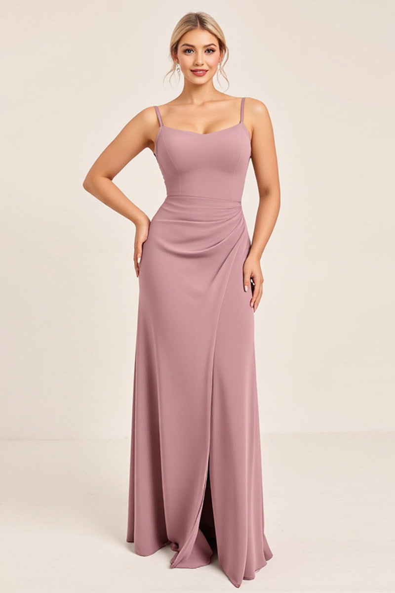 Load image into Gallery viewer, Vintage Mauve Sheath Spaghetti Straps Ruched Long Bridesmaid Dress with Slit