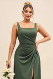 Olive Sheath Square Neck Ruched Satin Long Bridesmaid Dress with Slit