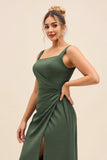 Olive Sheath Square Neck Ruched Satin Long Bridesmaid Dress with Slit