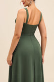 Olive Sheath Square Neck Ruched Satin Long Bridesmaid Dress with Slit