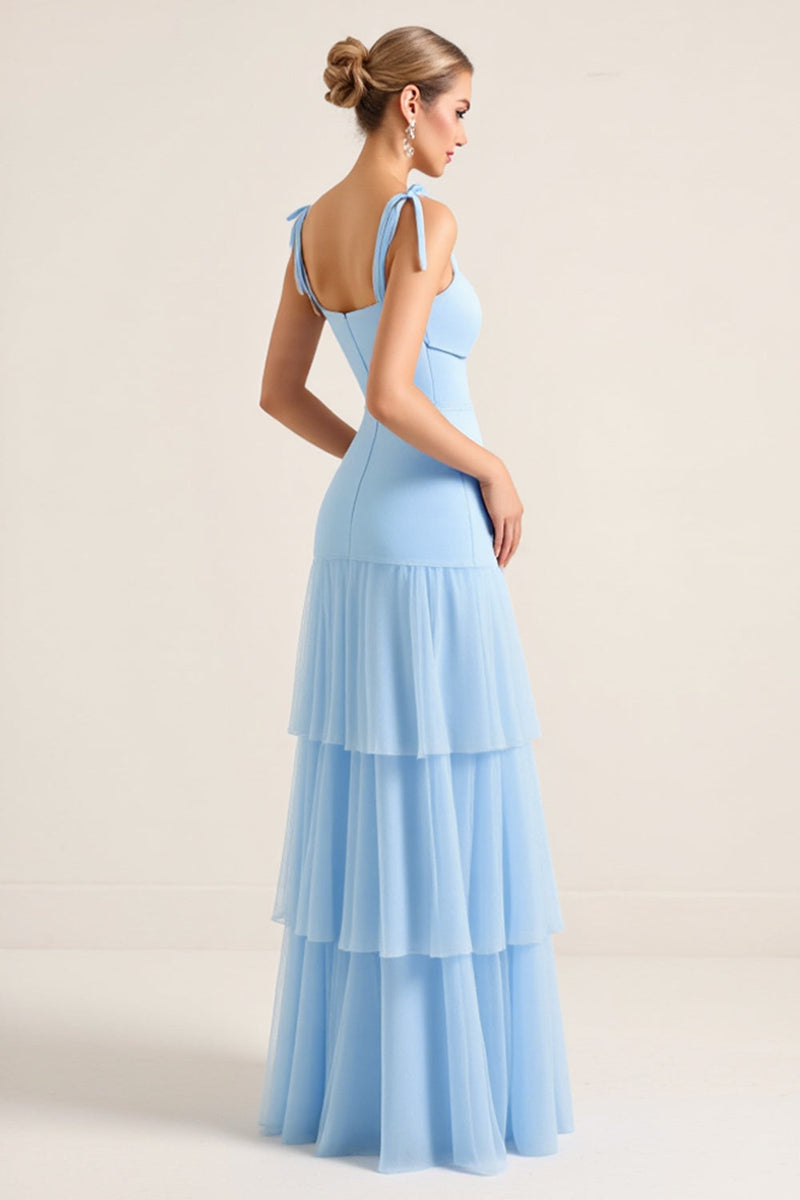 Load image into Gallery viewer, Sky Blue Sheath Spaghetti Straps Ruffles Ruched Long Bridesmaid Dress with Slit