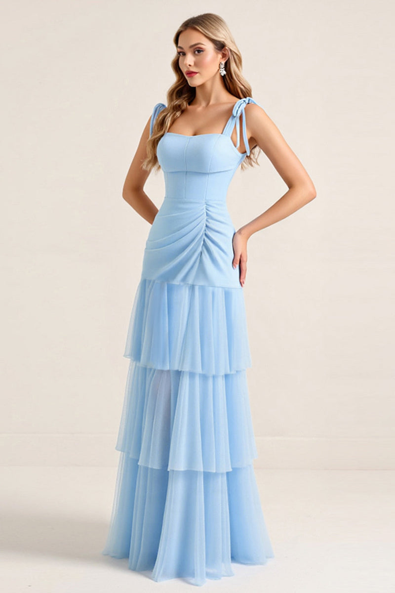 Load image into Gallery viewer, Sky Blue Sheath Spaghetti Straps Ruffles Ruched Long Bridesmaid Dress with Slit