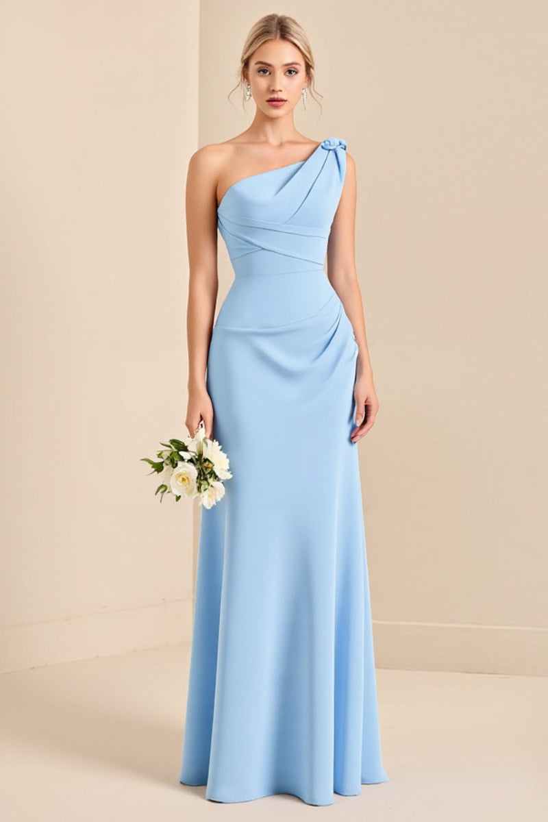 Load image into Gallery viewer, Sky Blue Sheath One Shoulder Ruched Satin Long Bridesmaid Dress
