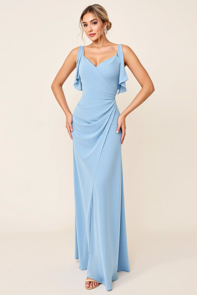 Load image into Gallery viewer, Sky Blue Sheath Ruffled Neckline Ruched Long Bridesmaid Dress