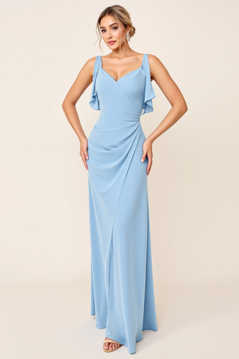 Sky Blue Sheath Ruffled Neckline Ruched Long Bridesmaid Dress