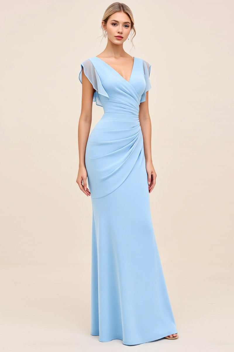 Load image into Gallery viewer, Sky Blue Sheath Wrap V Neck Ruffle Sleeves Ruched Long Bridesmaid Dress