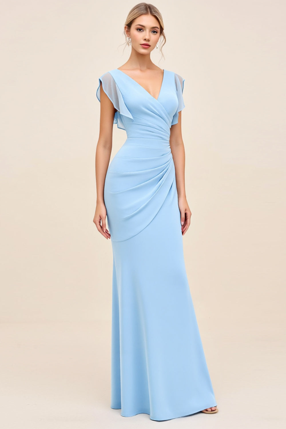 Sky Blue Sheath Wrap V Neck Ruffle Sleeves Ruched Long Bridesmaid Dress