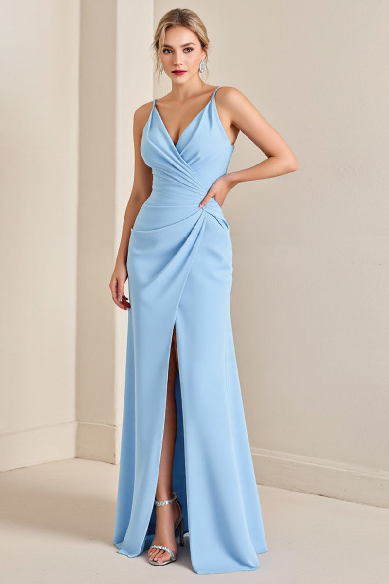 Load image into Gallery viewer, Sky Blue Sheath Wrap Spaghetti Straps Ruched Long Bridesmaid Dress with Slit