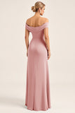Blush Pink Sheath Off the Shoulder Ruched Satin Long Bridesmaid Dress with Slit