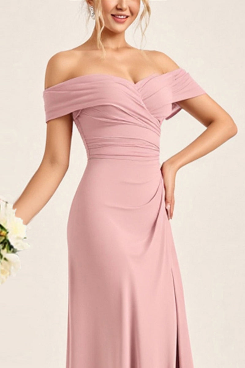 Load image into Gallery viewer, Blush Pink Sheath Off the Shoulder Ruched Satin Long Bridesmaid Dress with Slit