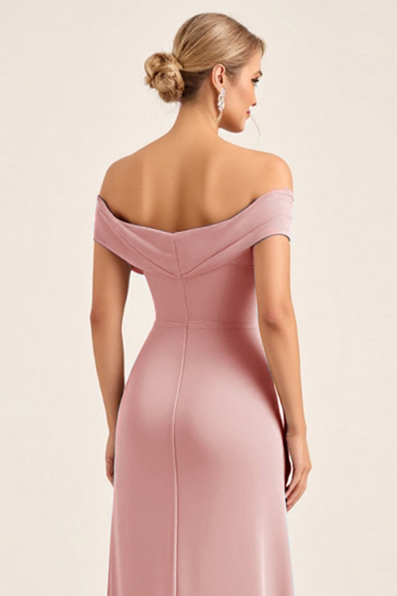 Load image into Gallery viewer, Blush Pink Sheath Off the Shoulder Ruched Satin Long Bridesmaid Dress with Slit