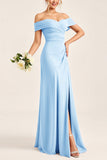Blush Pink Sheath Off the Shoulder Ruched Satin Long Bridesmaid Dress with Slit