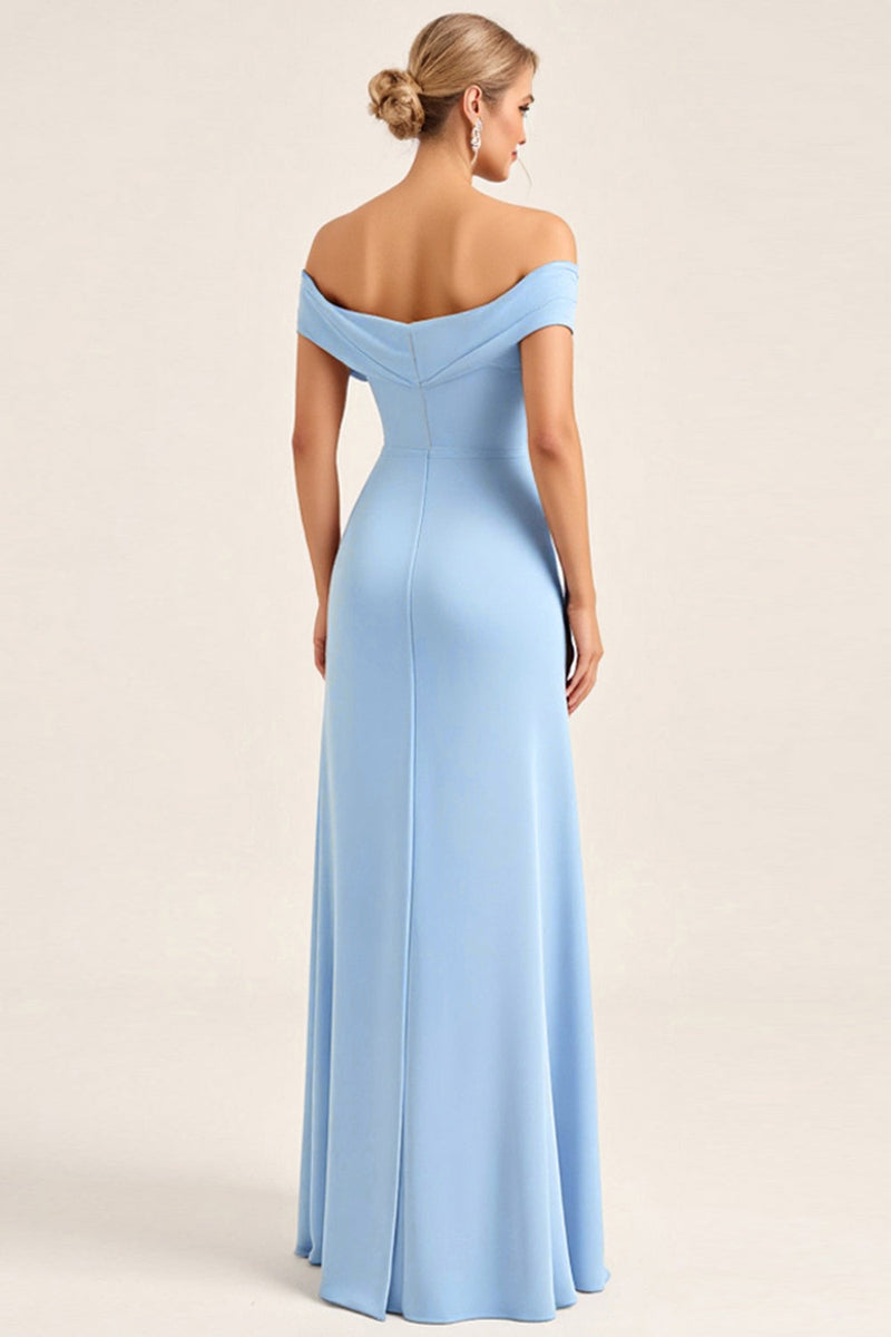 Load image into Gallery viewer, Blush Pink Sheath Off the Shoulder Ruched Satin Long Bridesmaid Dress with Slit