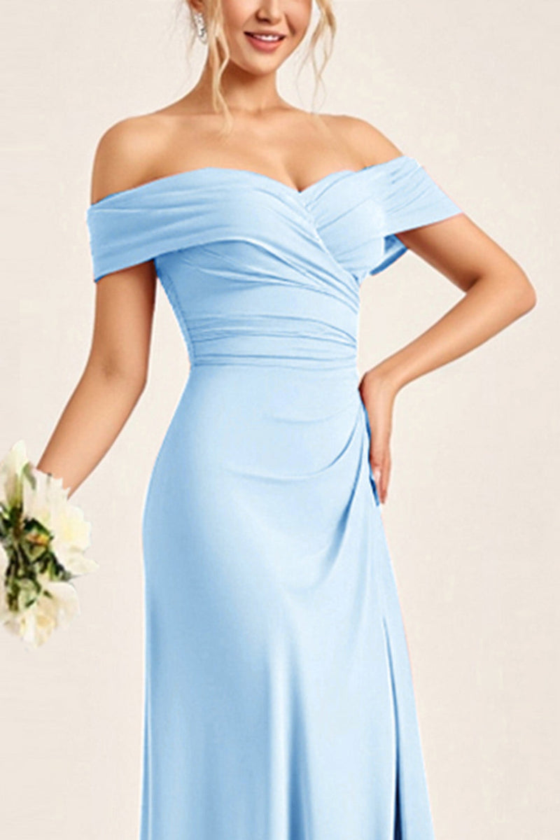Load image into Gallery viewer, Blush Pink Sheath Off the Shoulder Ruched Satin Long Bridesmaid Dress with Slit