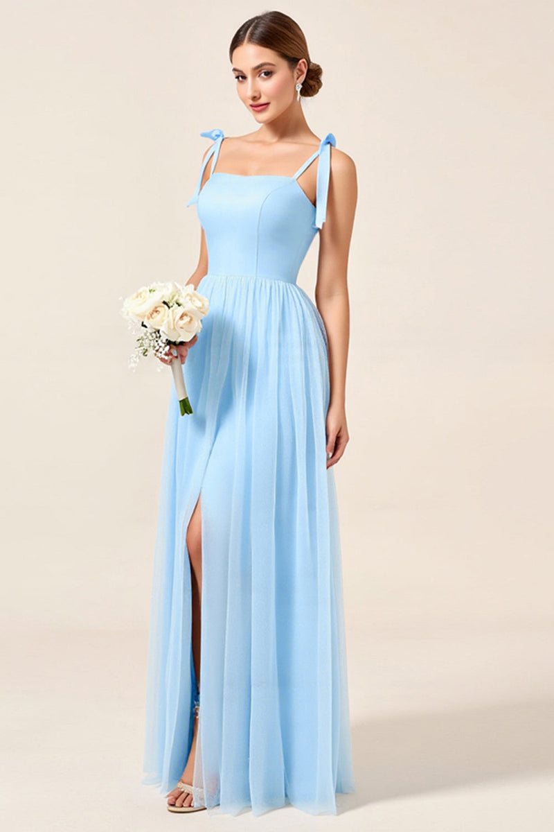Load image into Gallery viewer, Sky Blue A-Line Spaghetti Straps Pleating Long Bridesmaid Dress with Slit