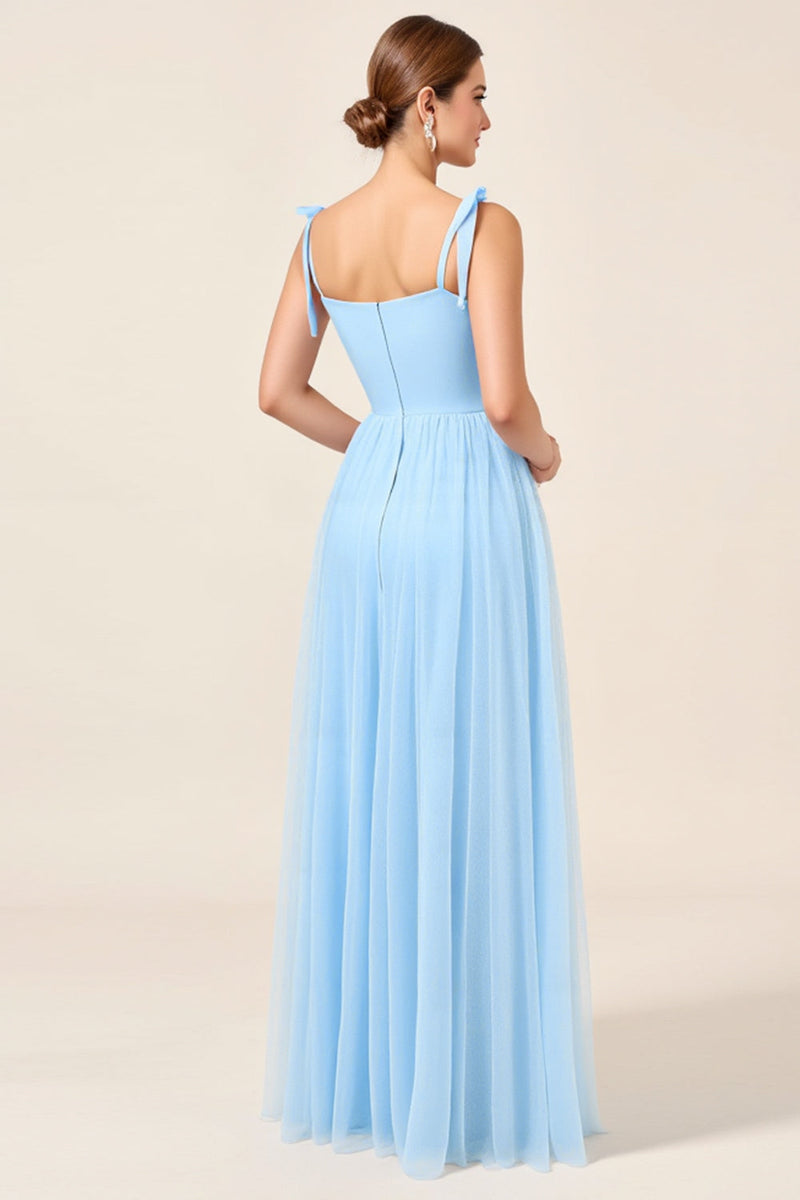 Load image into Gallery viewer, Sky Blue A-Line Spaghetti Straps Pleating Long Bridesmaid Dress with Slit