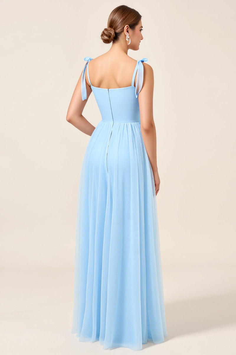 Load image into Gallery viewer, Sky Blue A-Line Spaghetti Straps Pleating Long Bridesmaid Dress with Slit
