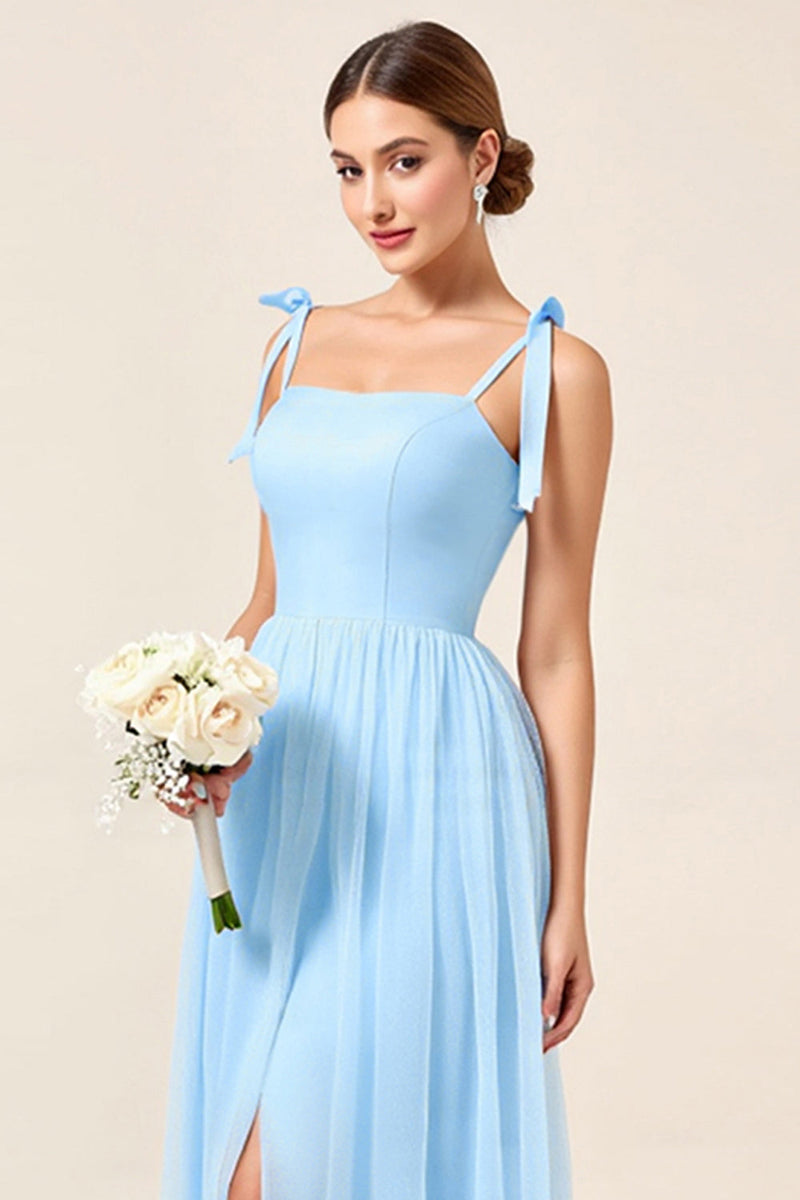 Load image into Gallery viewer, Sky Blue A-Line Spaghetti Straps Pleating Long Bridesmaid Dress with Slit