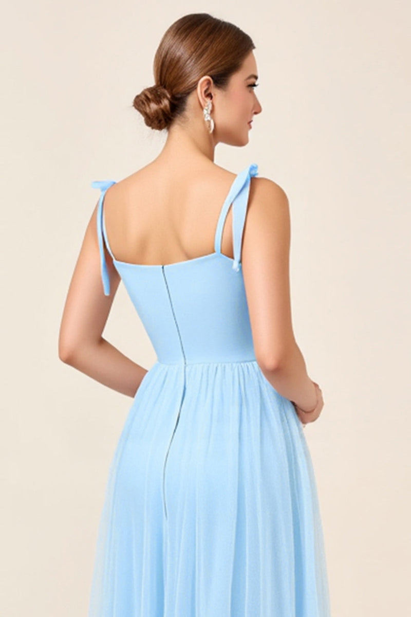Load image into Gallery viewer, Sky Blue A-Line Spaghetti Straps Pleating Long Bridesmaid Dress with Slit
