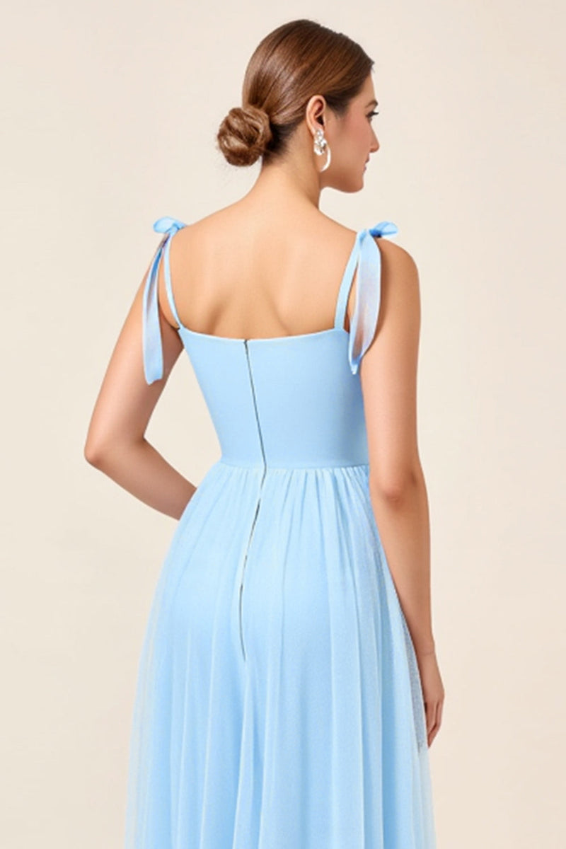 Load image into Gallery viewer, Sky Blue A-Line Spaghetti Straps Pleating Long Bridesmaid Dress with Slit