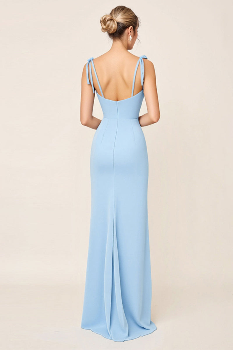 Load image into Gallery viewer, Sky Blue Bodycon Spaghetti Straps Ruched Satin Long Bridesmaid Dress with Slit