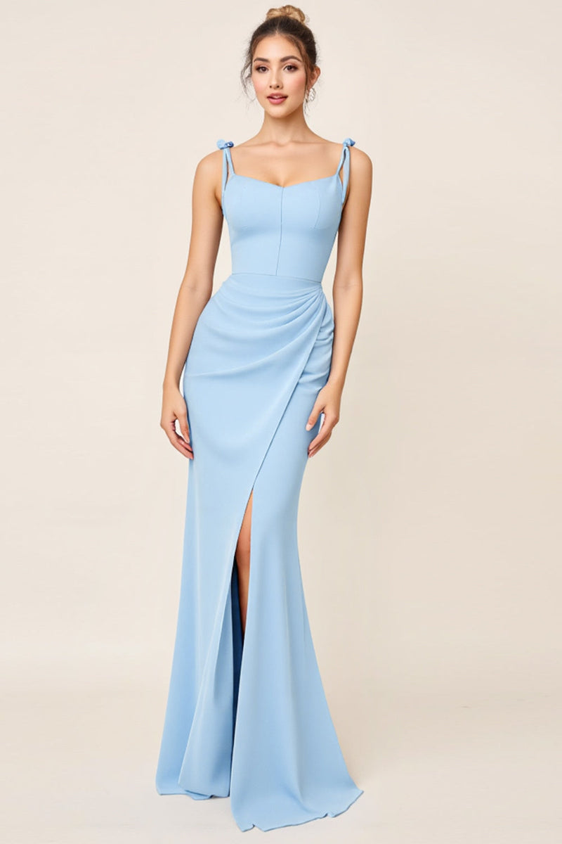 Load image into Gallery viewer, Sky Blue Bodycon Spaghetti Straps Ruched Satin Long Bridesmaid Dress with Slit
