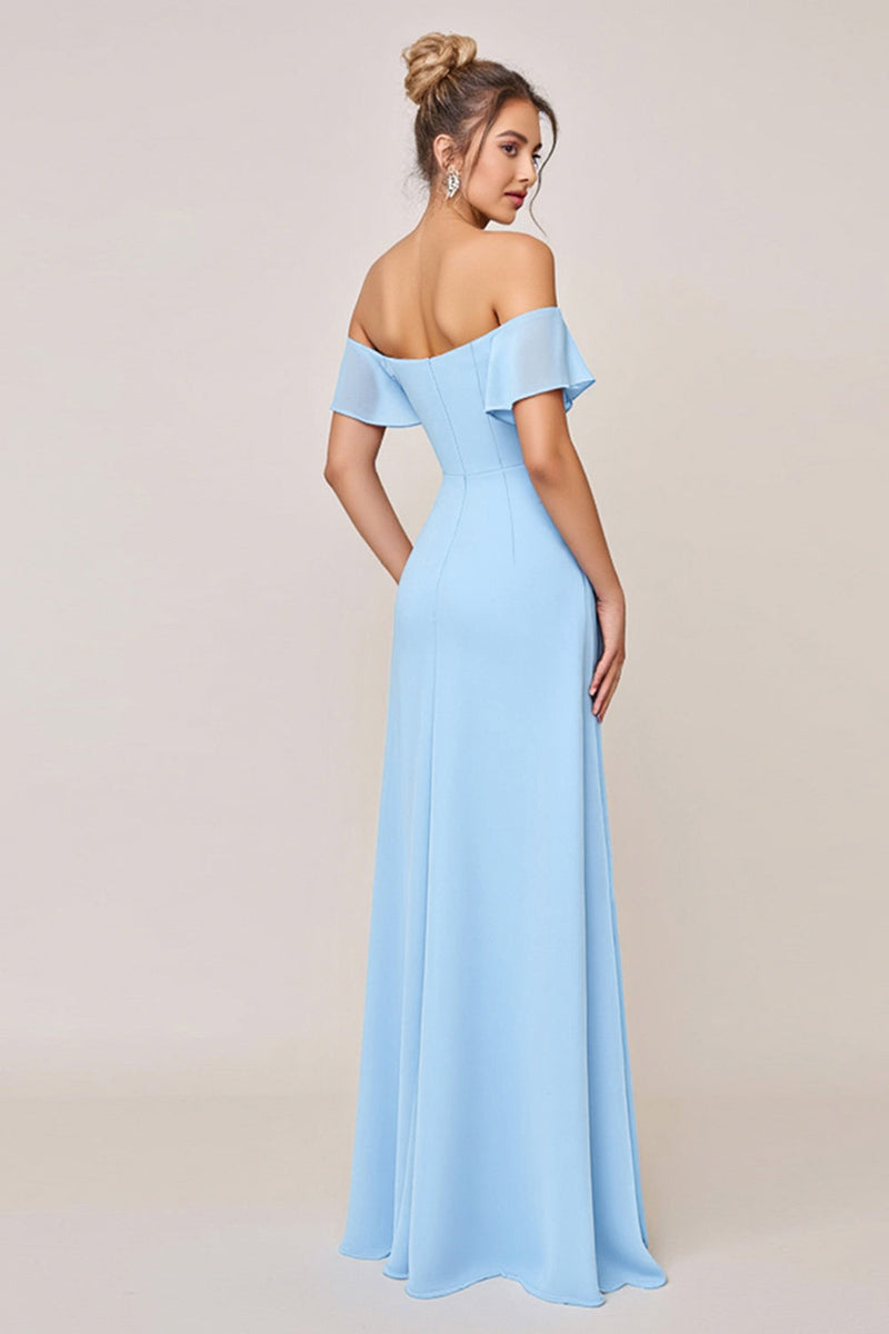 Load image into Gallery viewer, Sky Blue Sheath Ruffle Off the Shoulder Long Bridesmaid Dress with Slit