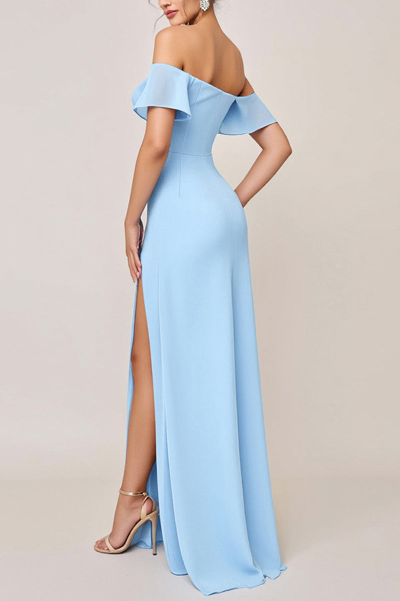 Load image into Gallery viewer, Sky Blue Sheath Ruffle Off the Shoulder Long Bridesmaid Dress with Slit